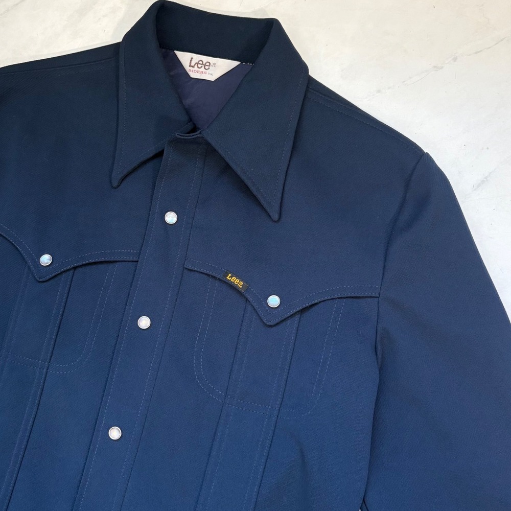 Vintage 70s Lee Riders Men's Navy Blue Western Pearl Snap Shirt Jacket Shacket - Picture 3 of 6